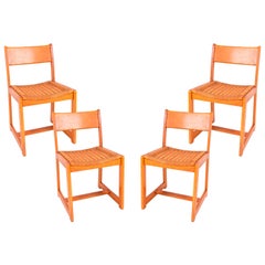 1970s Spanish Set of Four Wooden and Wicker Chairs 
