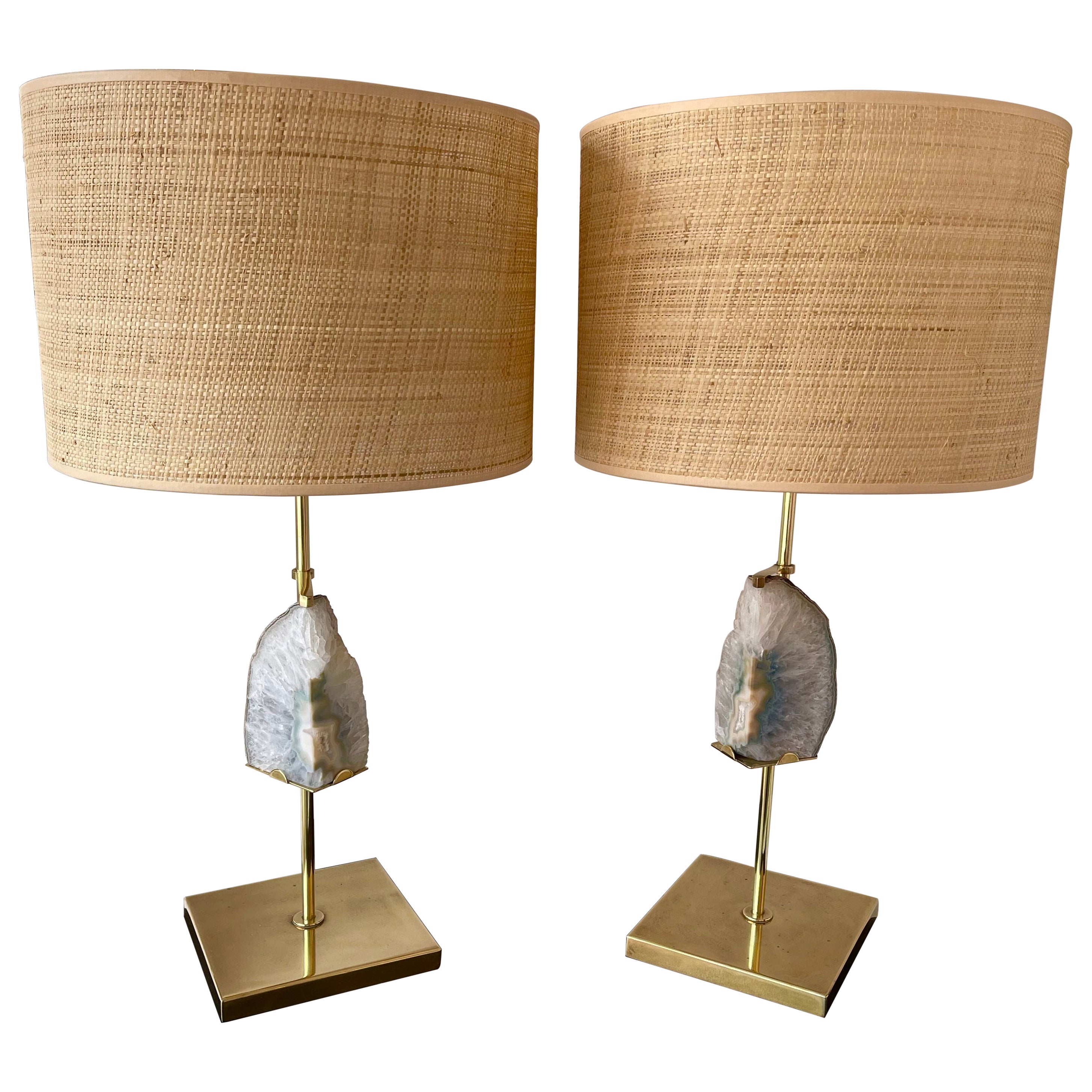 Contemporary Pair of Brass Lamps Blue Agate Stone Rattan Shades. Italy