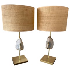 Contemporary Pair of Brass Lamps Blue Agate Stone Rattan Shades. Italy