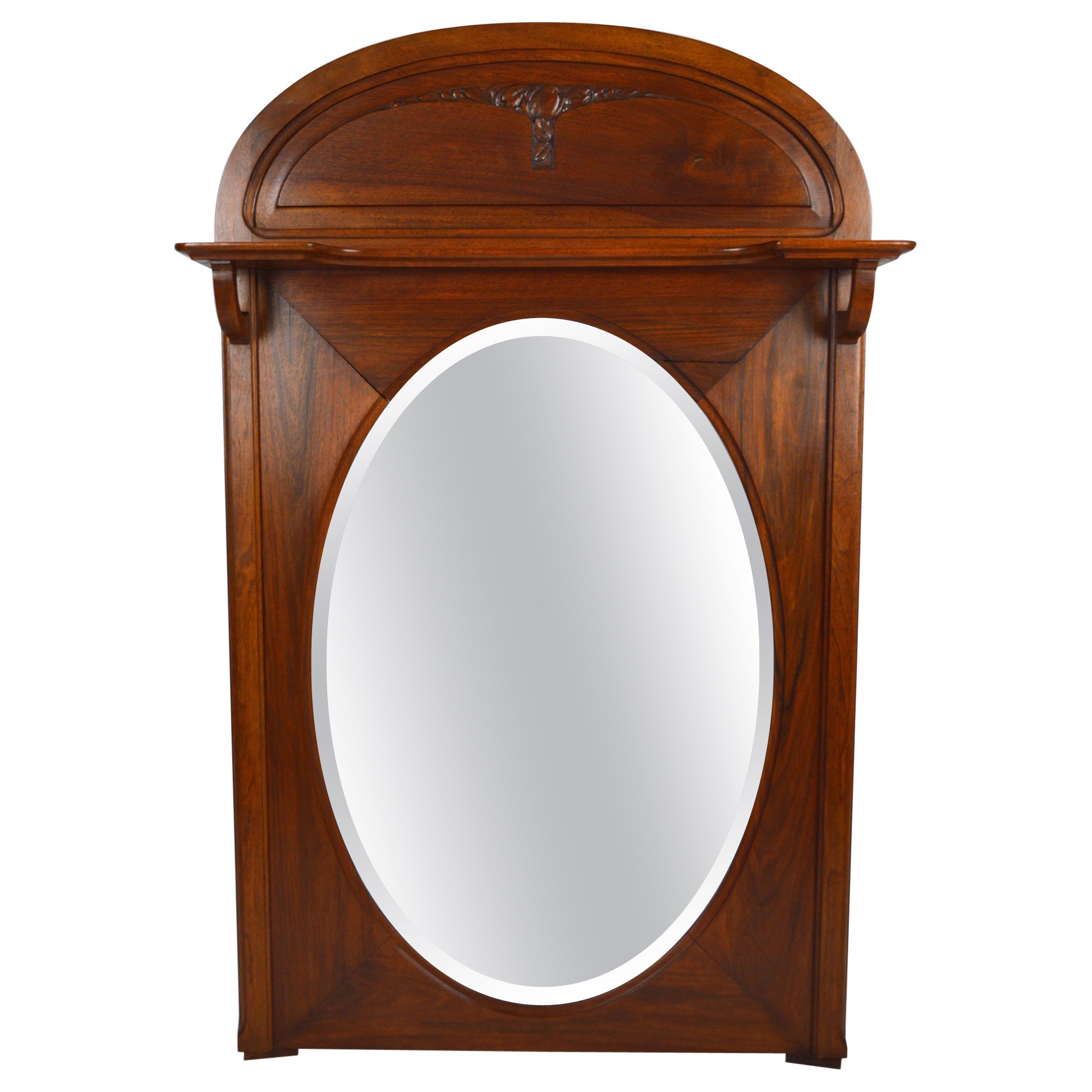 Oval Art Nouveau Fireplace Mirror in Carved Walnut, France, circa 1910 For Sale