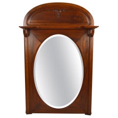 Oval Art Nouveau Fireplace Mirror in Carved Walnut, France, circa 1910