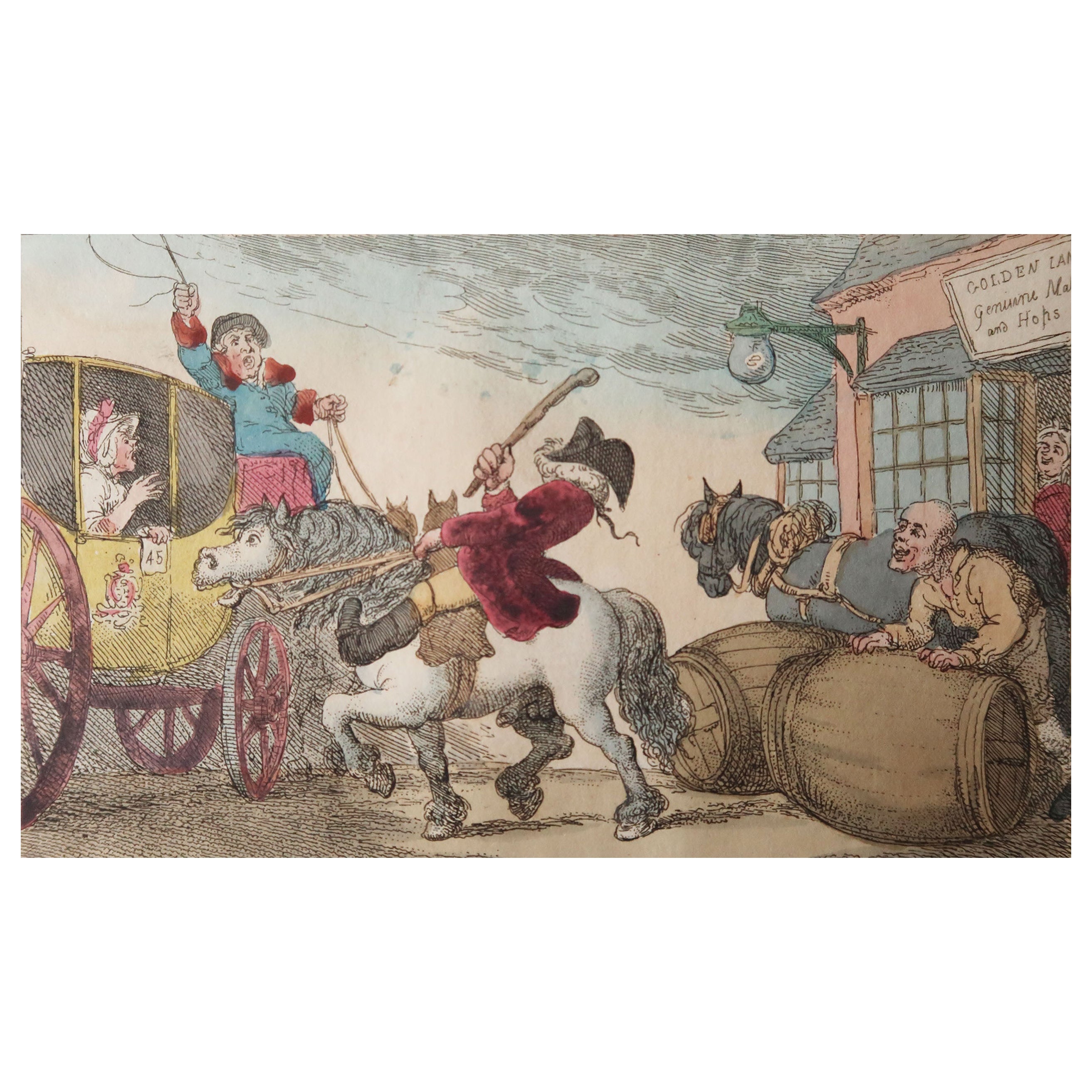 Original Antiker Druck nach Thomas Rowlandson, „ Way to Stop Your Horse“, 1808 im Angebot