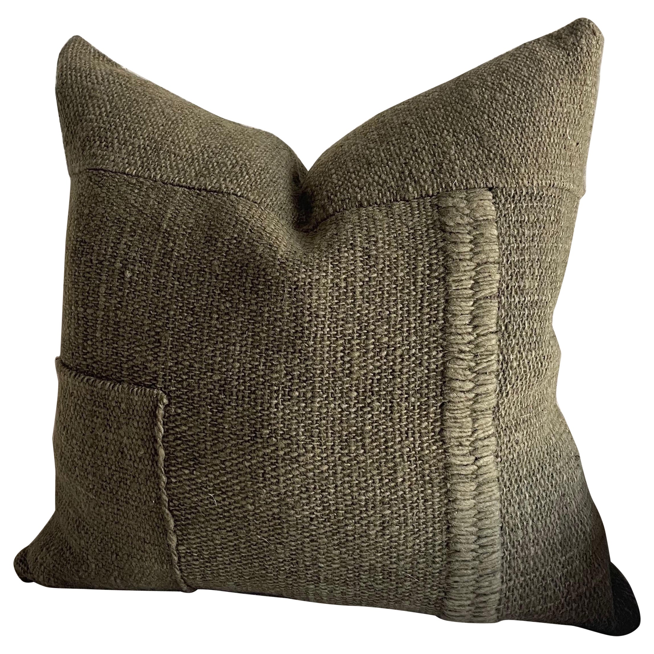 Vilana Deep Olive Wool Patchwork Pillow with Down Insert For Sale