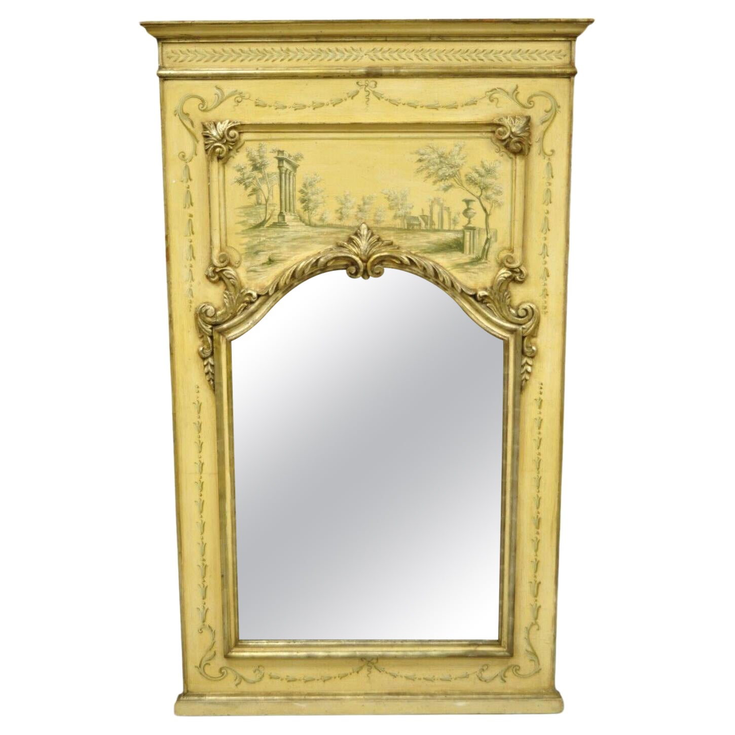 Italian French Provincial Giltwood Handpainted Trumeau Console Hall Mirror For Sale