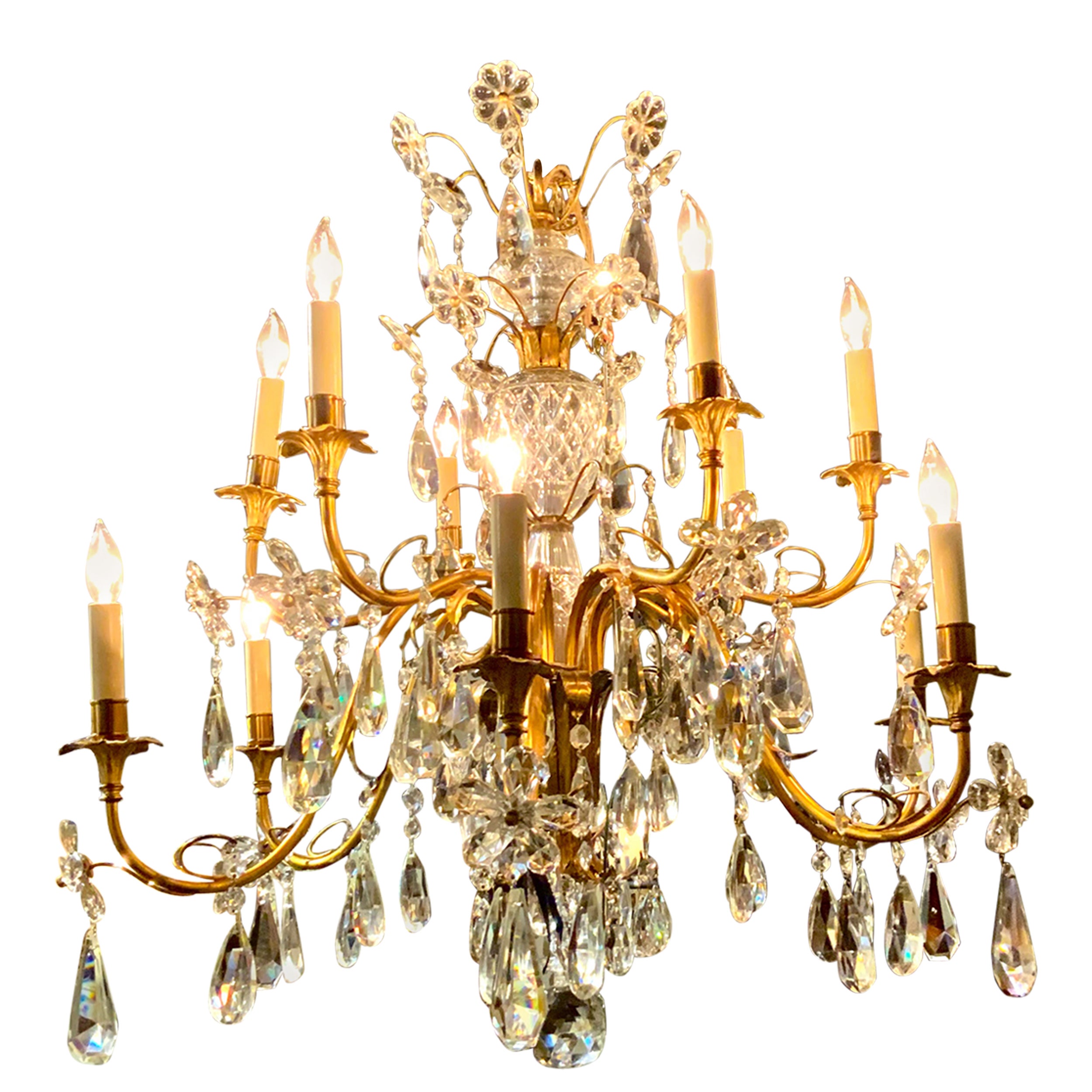 French crystal and bronze dore 10 light chandelier  For Sale