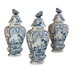 18th Century Delft 3-Piece Garniture ~ Lidded Vase Set