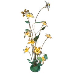 Vintage Italian Brass and Green Lacquered Floral Plant Floor Lamp, 1950s