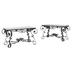 1900s French Wrought Iron & Marble Tables, A Pair