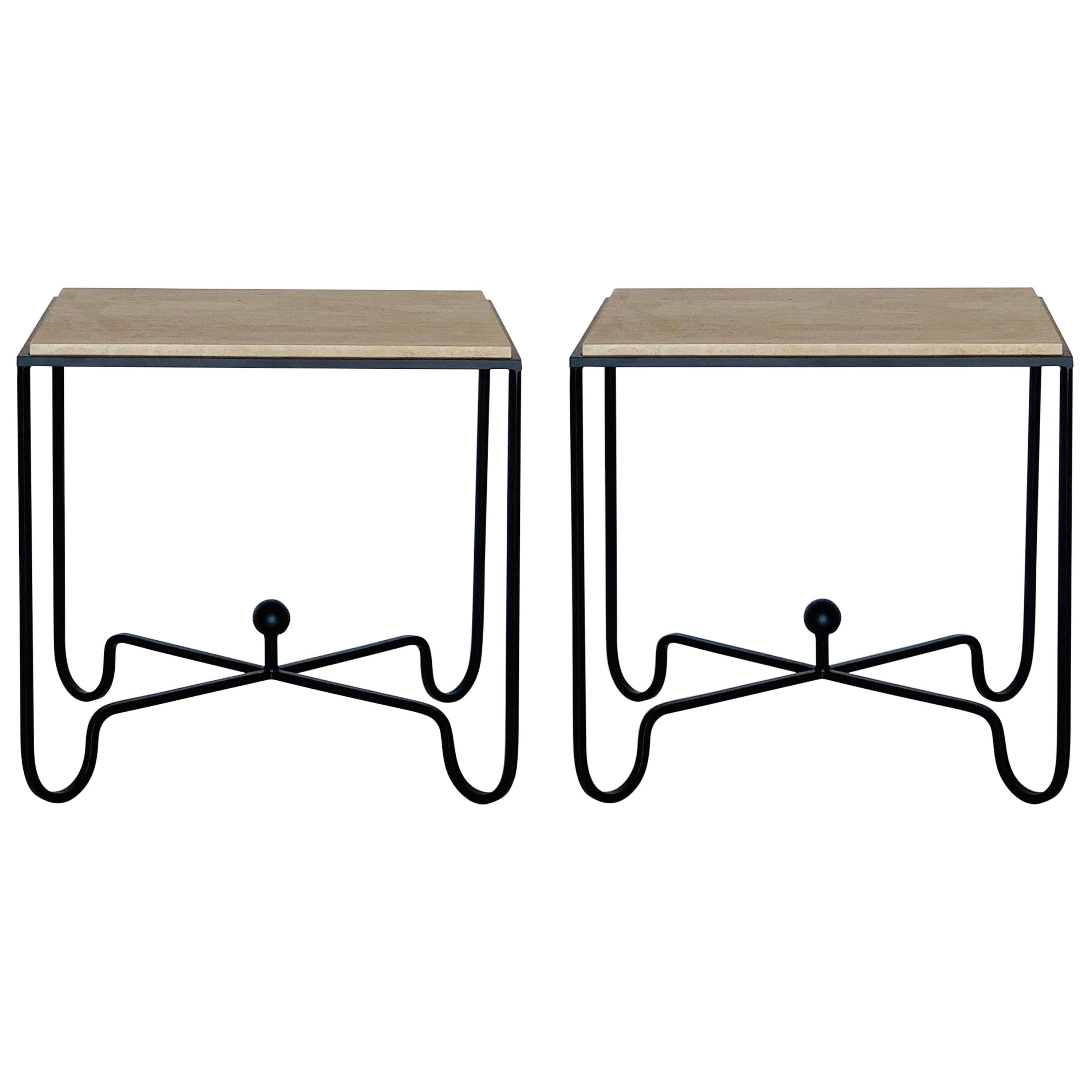 Pair of Large ‘Entretoise’ Travertine Side Tables / Nightstands by Design Frères For Sale