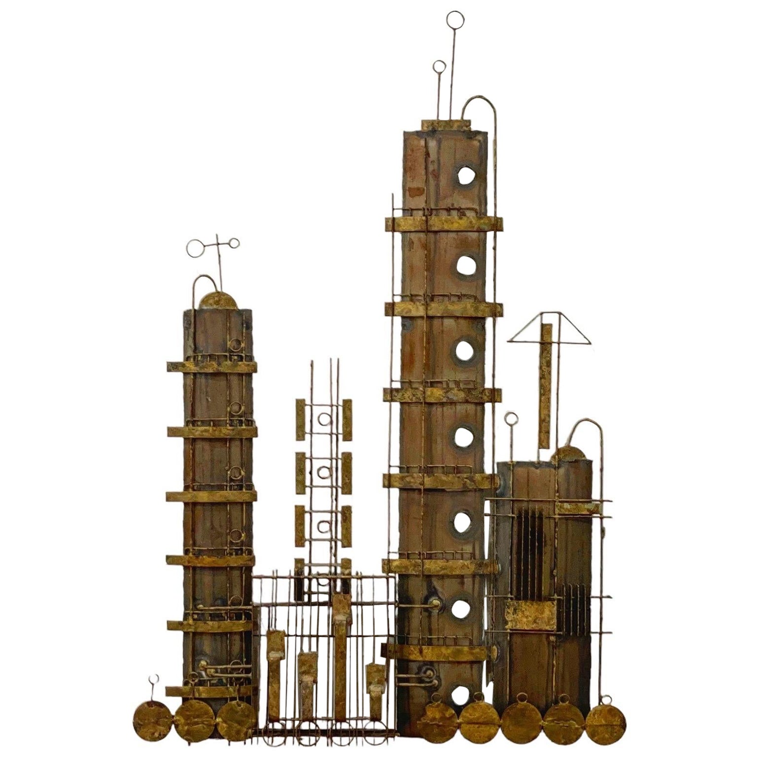 Scultura in metallo del paesaggio urbano brutalista del Midcentury Steampunk Peter Pepper Products in vendita