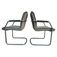 Retro Pair of Mid Century Gray Leather Chrome Tubular Lounge Chairs by Cy Mann