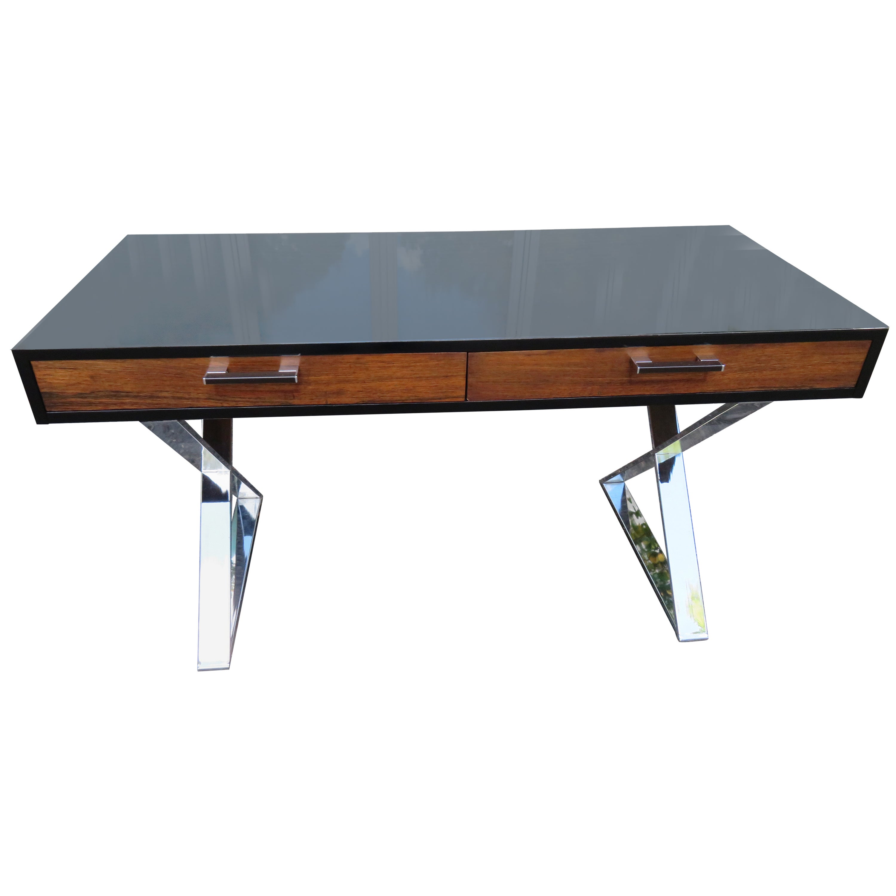 Wonderful Milo Baughman style Black Lacquered Rosewood Desk Chrome X Base  For Sale