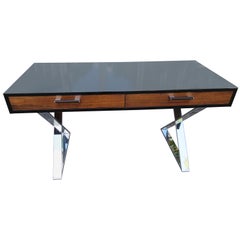 Wonderful Milo Baughman style Black Lacquered Rosewood Desk Chrome X Base 