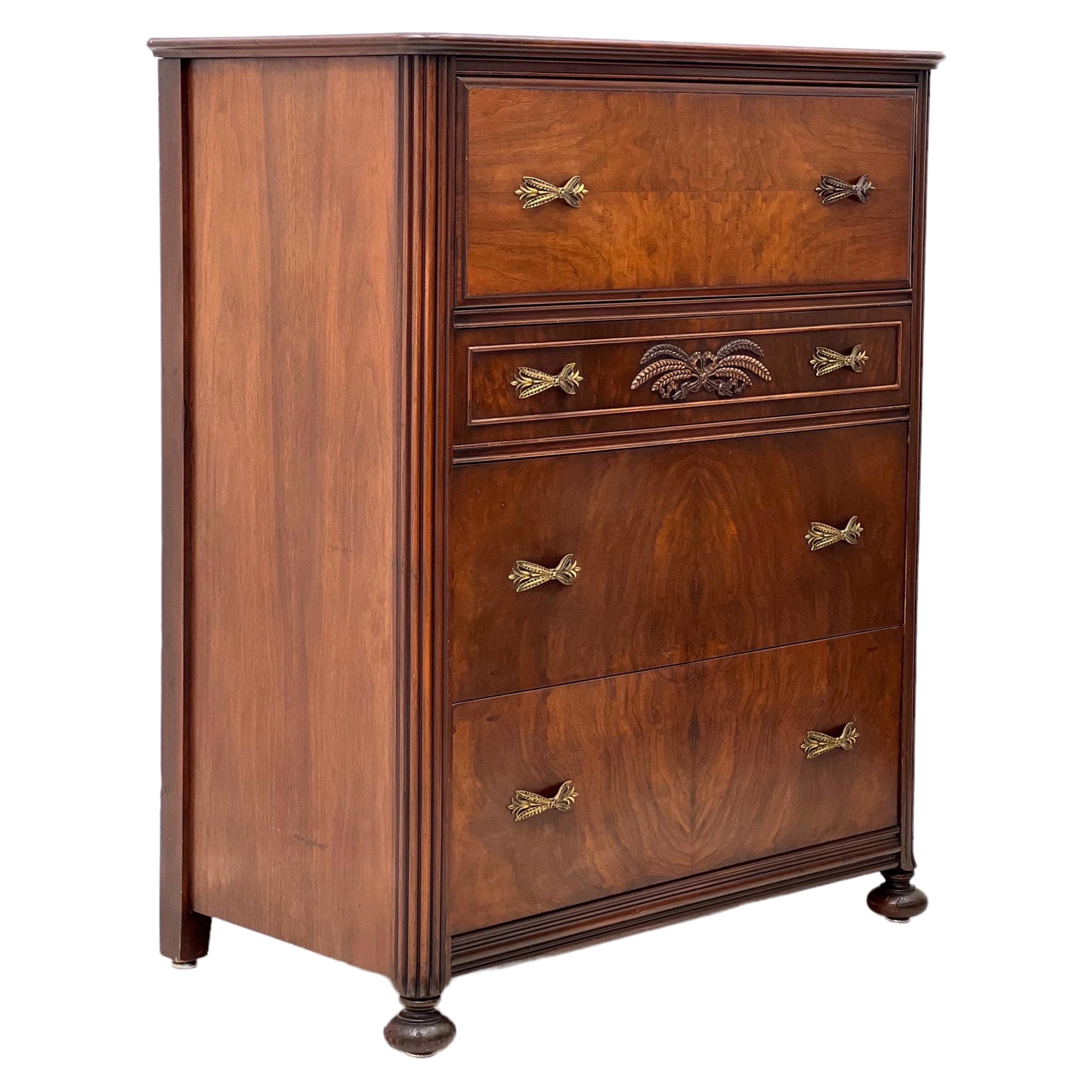 Vintage Regency Style Walnut and Mahogany Burl Wood Dresser For Sale