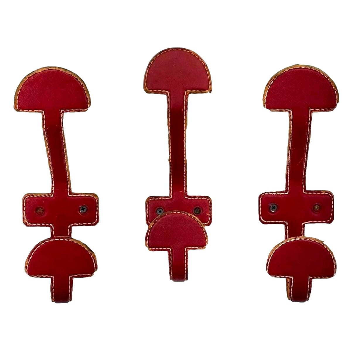 Set of 3 Jacques Adnet Red Leather Coat Hooks, 1950s, France