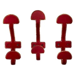 Set of 3 Jacques Adnet Red Leather Coat Hooks, 1950s France