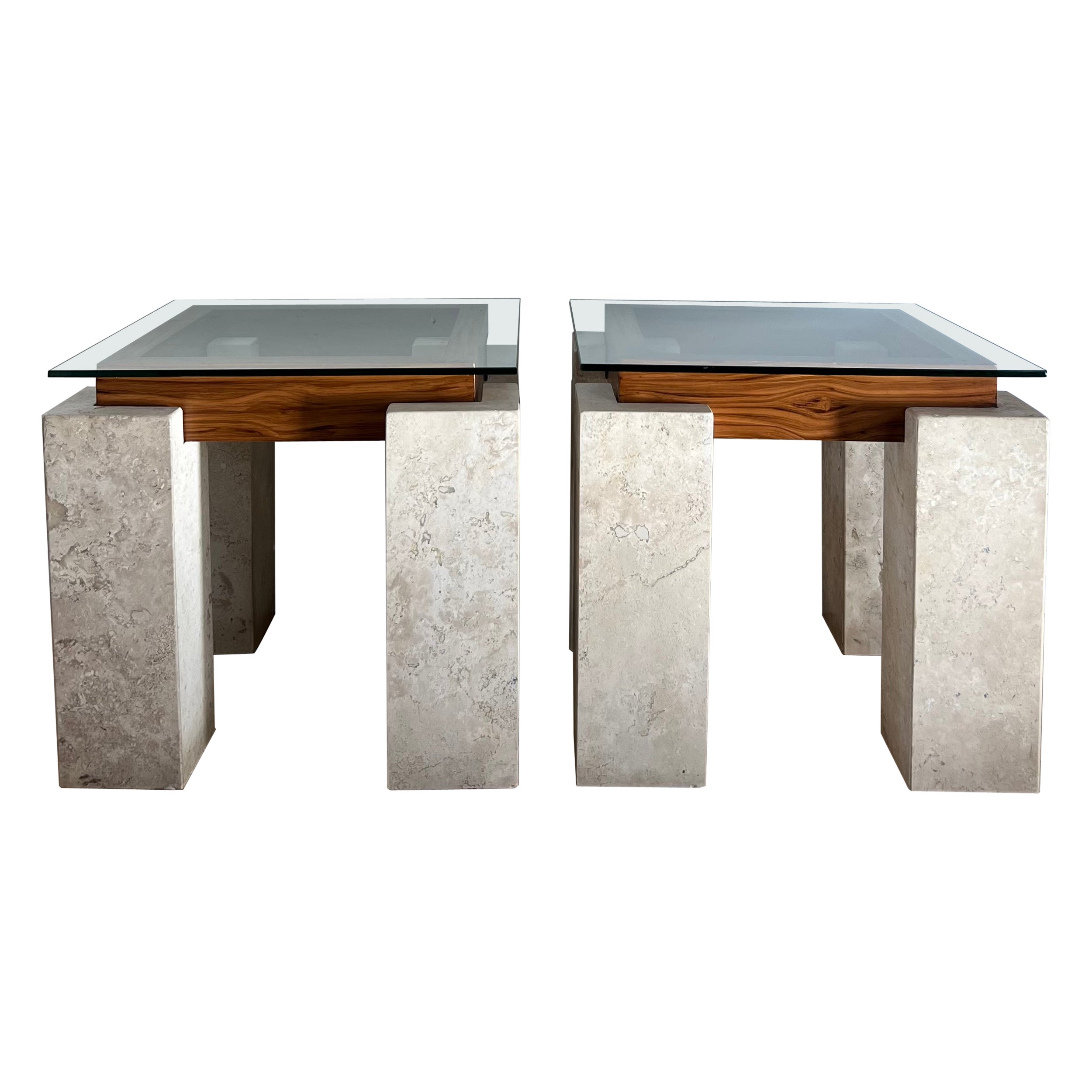 Pair of Marble, Wood, and Glass Tables, circa Late 1970s