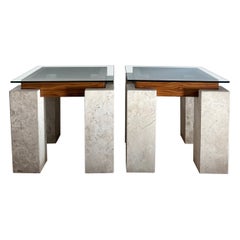 Pair of Marble, Wood, and Glass Tables, circa Late 1970s