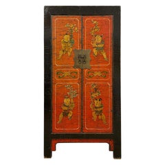 19th Century Antique Mongolia Lacquered Painting Wedding Armoire, Wardrobe