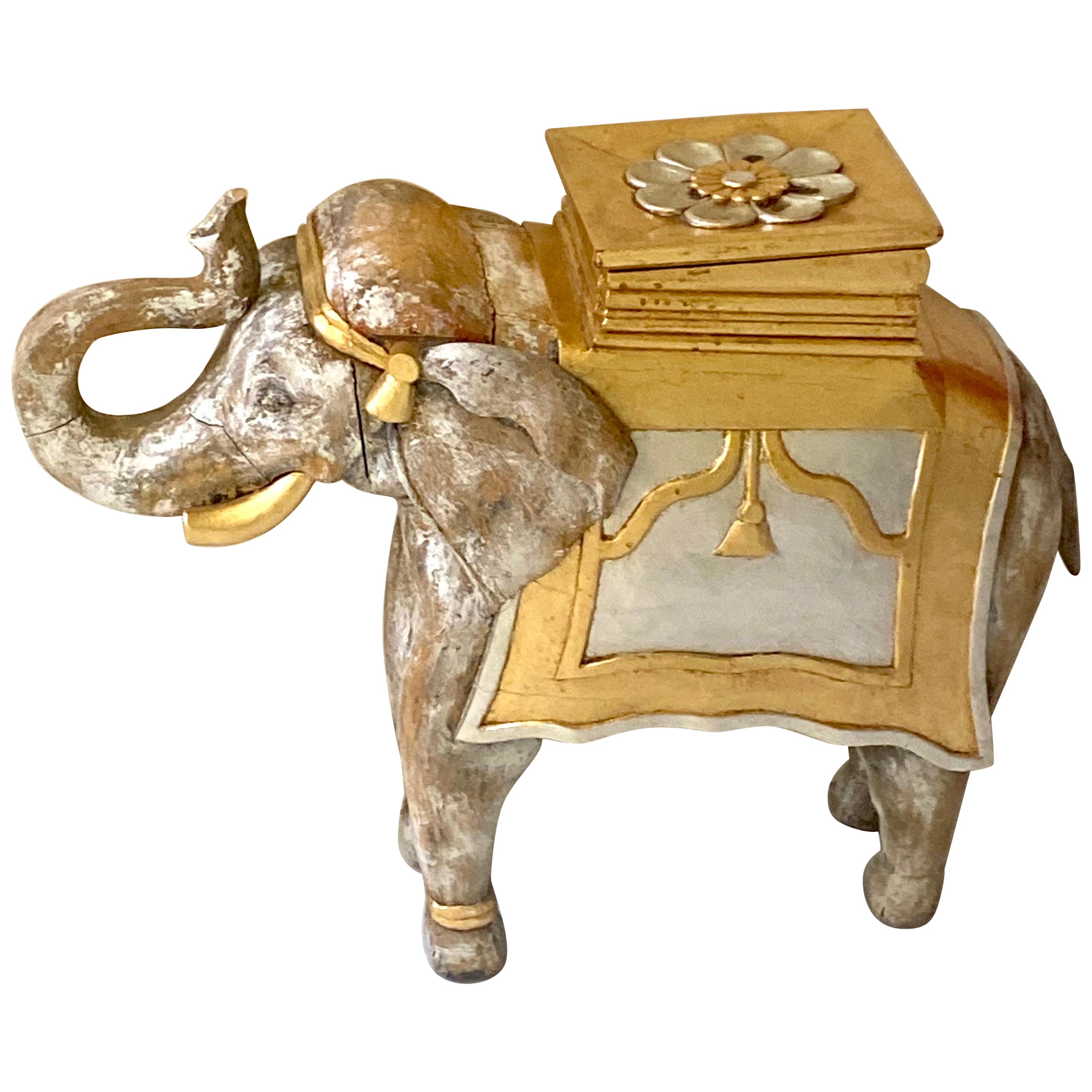 Carved Wood and Gilded Gold Elephant Stool with Storage