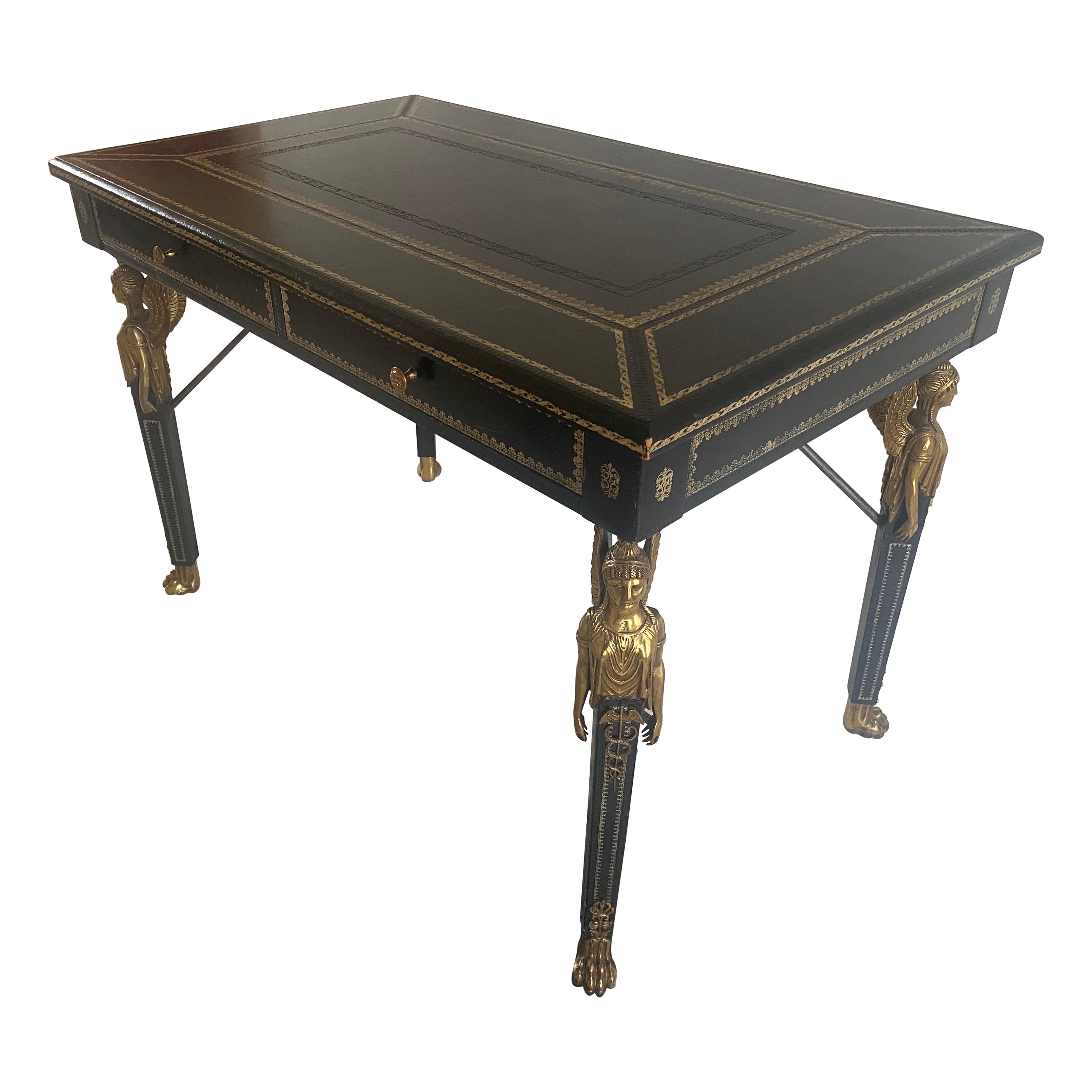 Maitland Smith Neoclassical Black Leather and Bronze Desk For Sale
