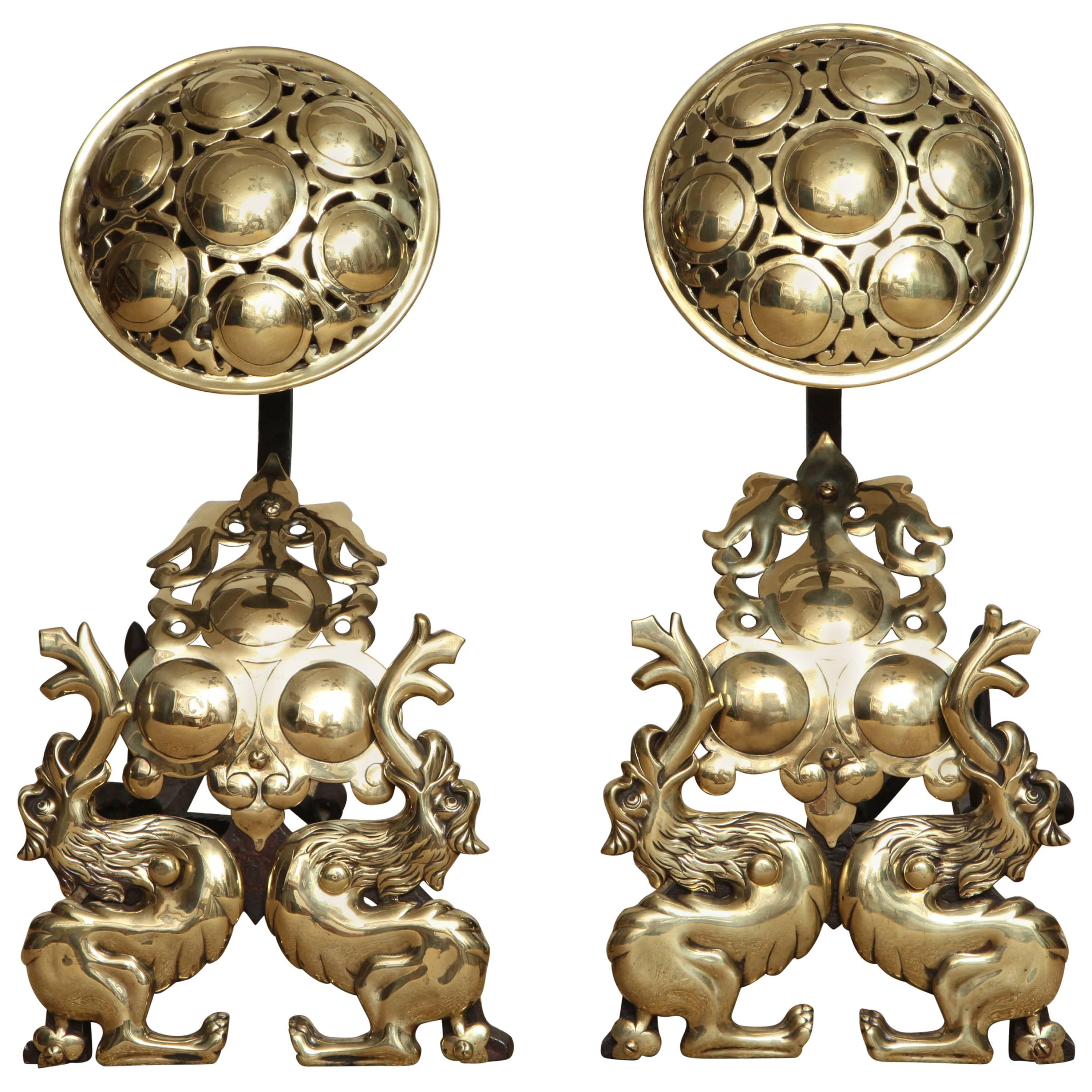 Striking Pair of Arts and Crafts Andirons