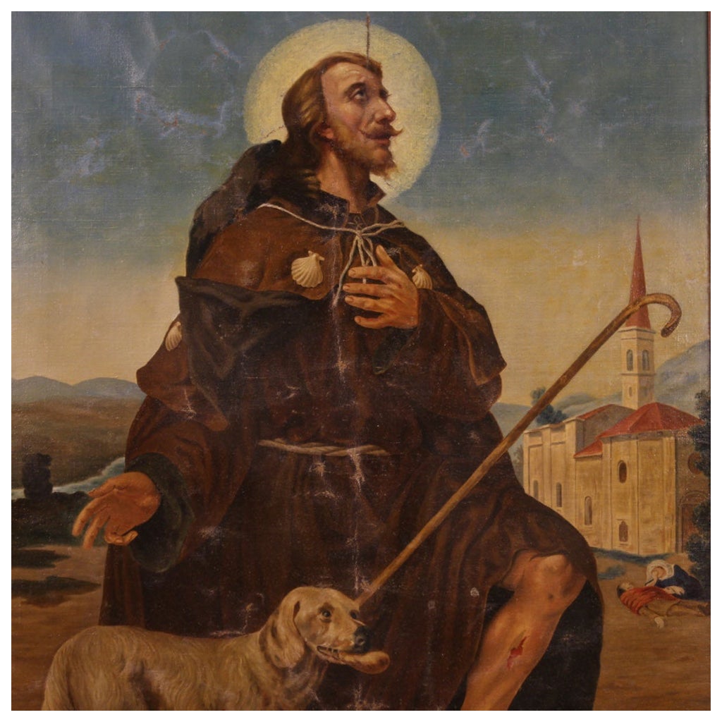 Great Italian painting from the first half of the 20th century. Artwork oil on canvas, on the first canvas, depicting a religious subject Saint Roch with dog and stick of good pictorial quality. Painting adorned with a modern wooden frame of