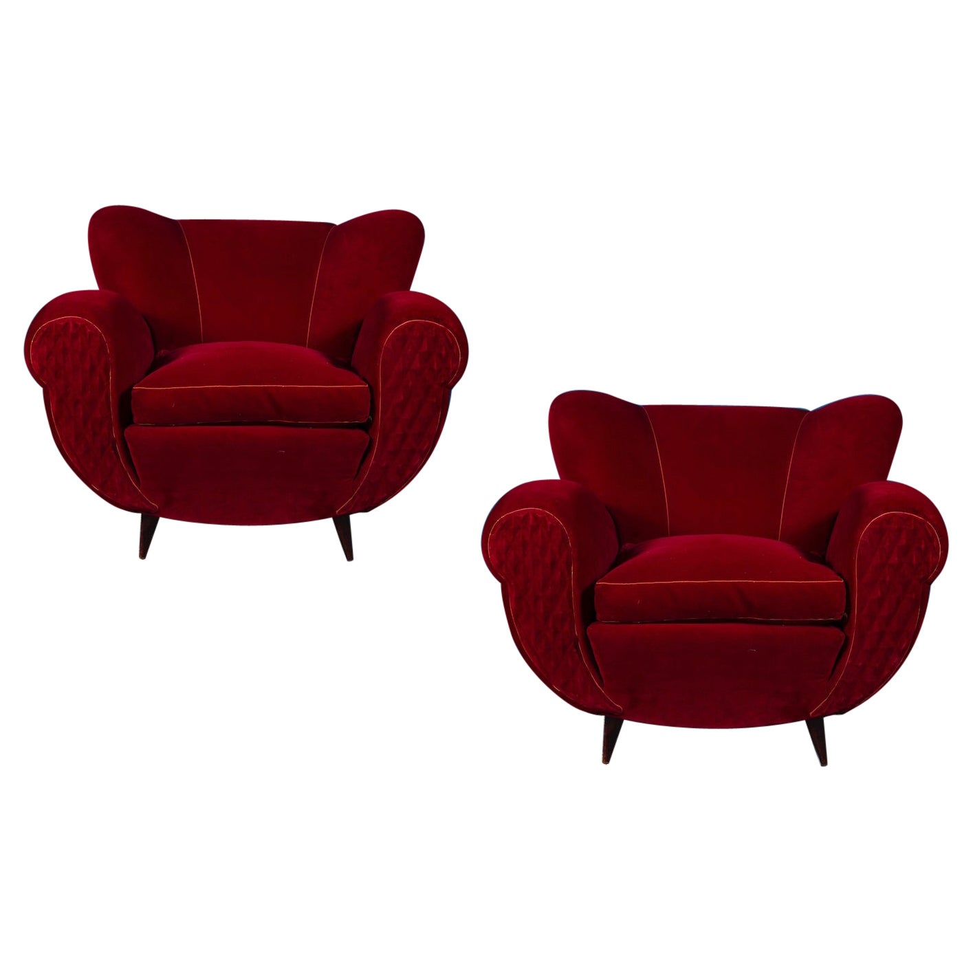 Pair of Mid-Century Red Velvet Lounge Chairs or Armchairs For Sale