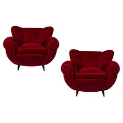 Pair of Mid-Century Red Velvet Lounge Chairs or Armchairs