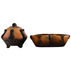 Ipsen's, Denmark, Art Nouveau Lidded Jar and Bowl in Hand-Painted Ceramics