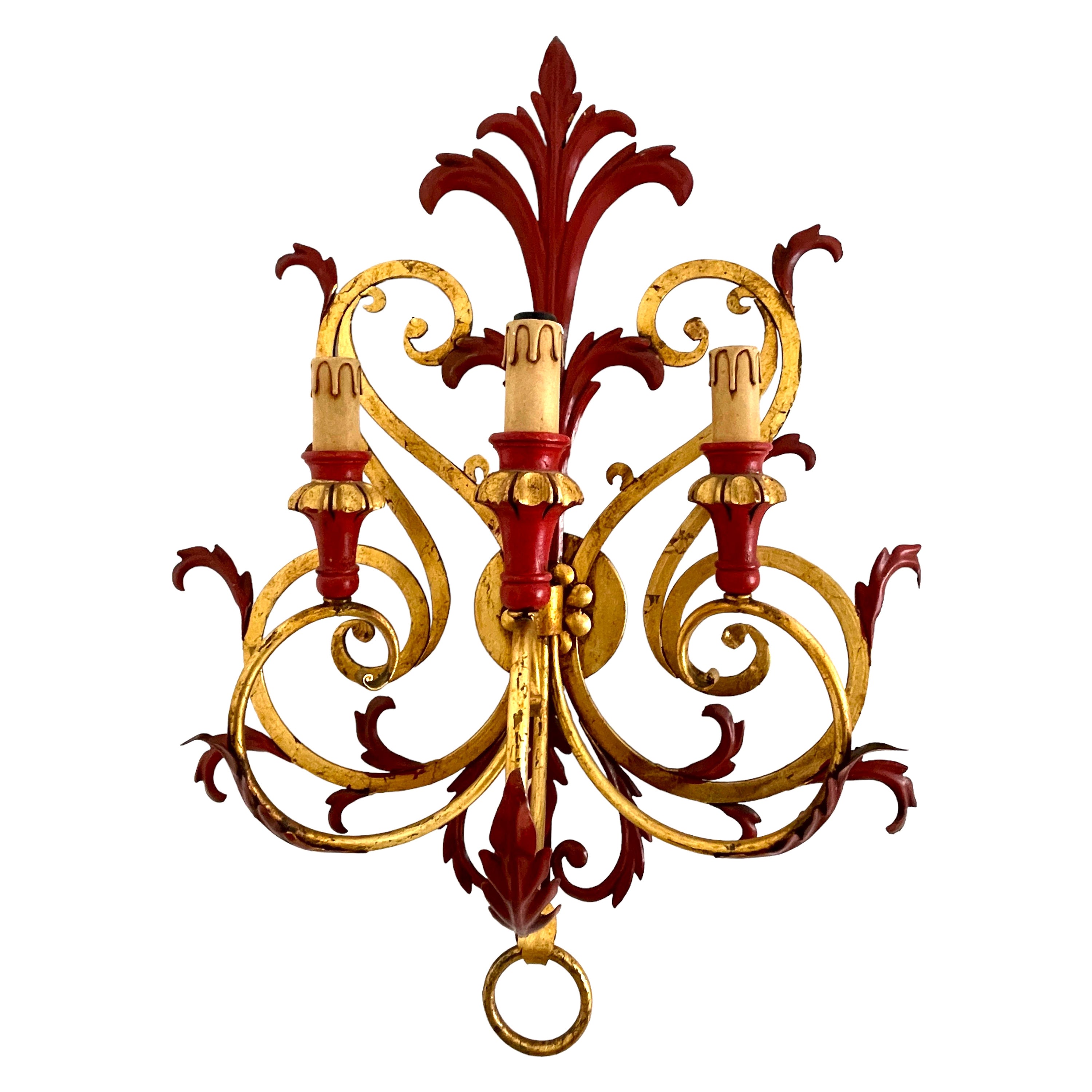 Single Monumental Tole Toleware Italian Red & Gilded 3 Light Sconce, Italy 1960s