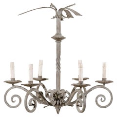 A Vintage Six-Light Light Grey French Iron Chandelier with Scrolled Arms
