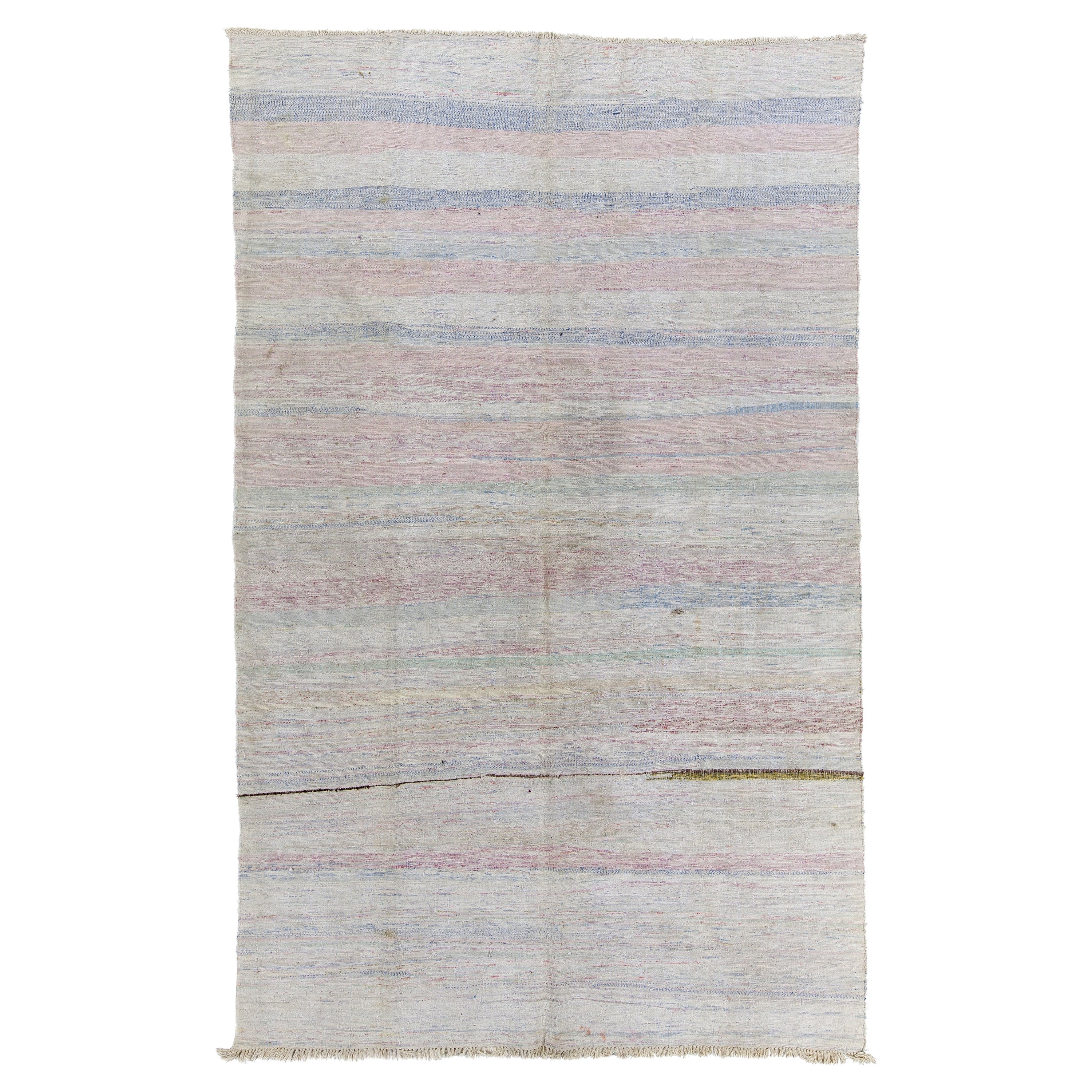 Tapis Kilim d'Anatolie centrale vintage en coton rayé fait à la main ( tissage à la feuille) 7x11 Ft