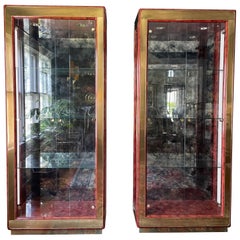 1970s Mastercraft Modern Tortoise Lacquered & Brass Curio Display Cabinets - a P