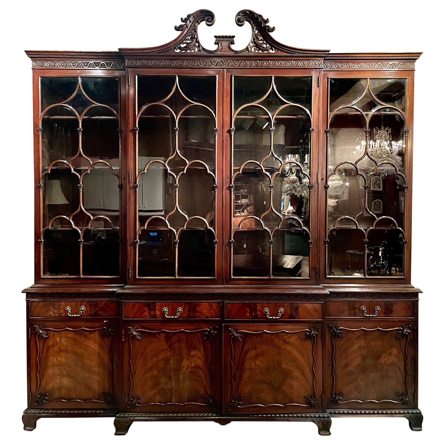 Antique English Mahogany Chippendale Breakfront Bookcase, Circa 1890.