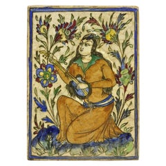 Antique Persian Iznik Qajar Style Ceramic Pottery Tile Orange Guitar Woman C2