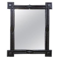 Tramp Art Rustic Wall Mirror with Extended Corners Handcarved, Austria Ca. 1860