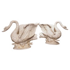 Pair of Large Carved and Painted Wooden Swan Planters from Italy