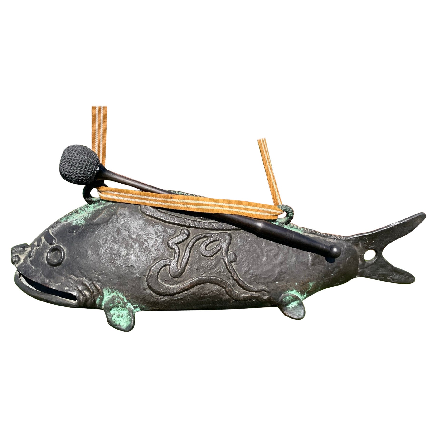 Japanese Huge Antique Bronze Fish Bell Gong And Hardwood Striker