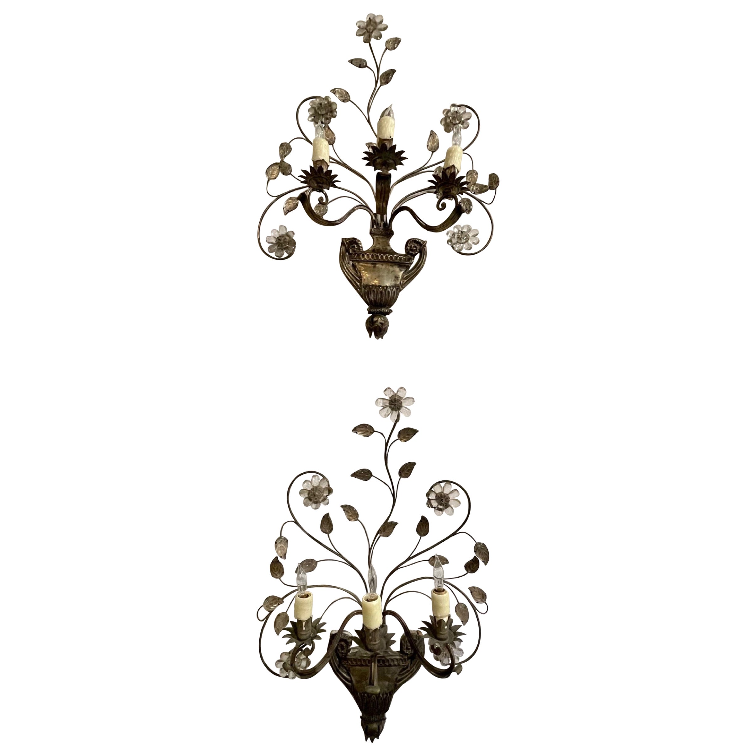 Pair of Vintage French Maison Bagues Tole and Crystal Sconces For Sale