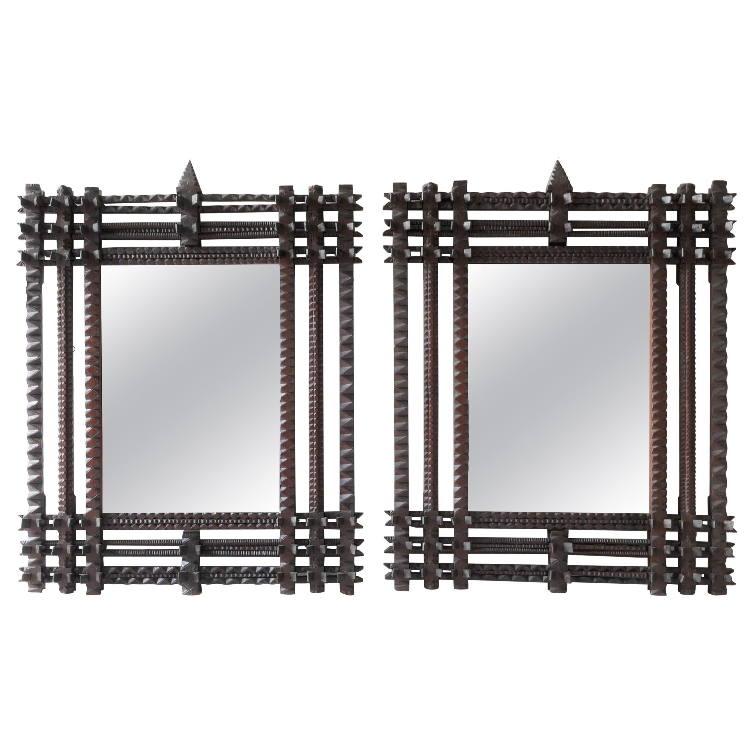 Pair of Large Wood Tramp Art Frames with Mirror, Circa 1880, France  For Sale