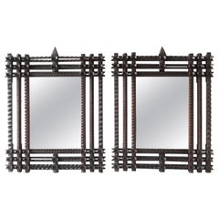 Antique Pair of Large Wood Tramp Art Frames with Mirror, Circa 1880, France 