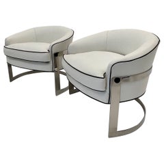 Pair of Flair Chrome Barrel Chairs in White Italian Leather