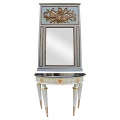 Contemporary Louis XVI Carved, Gilded and Painted Console and Mirror