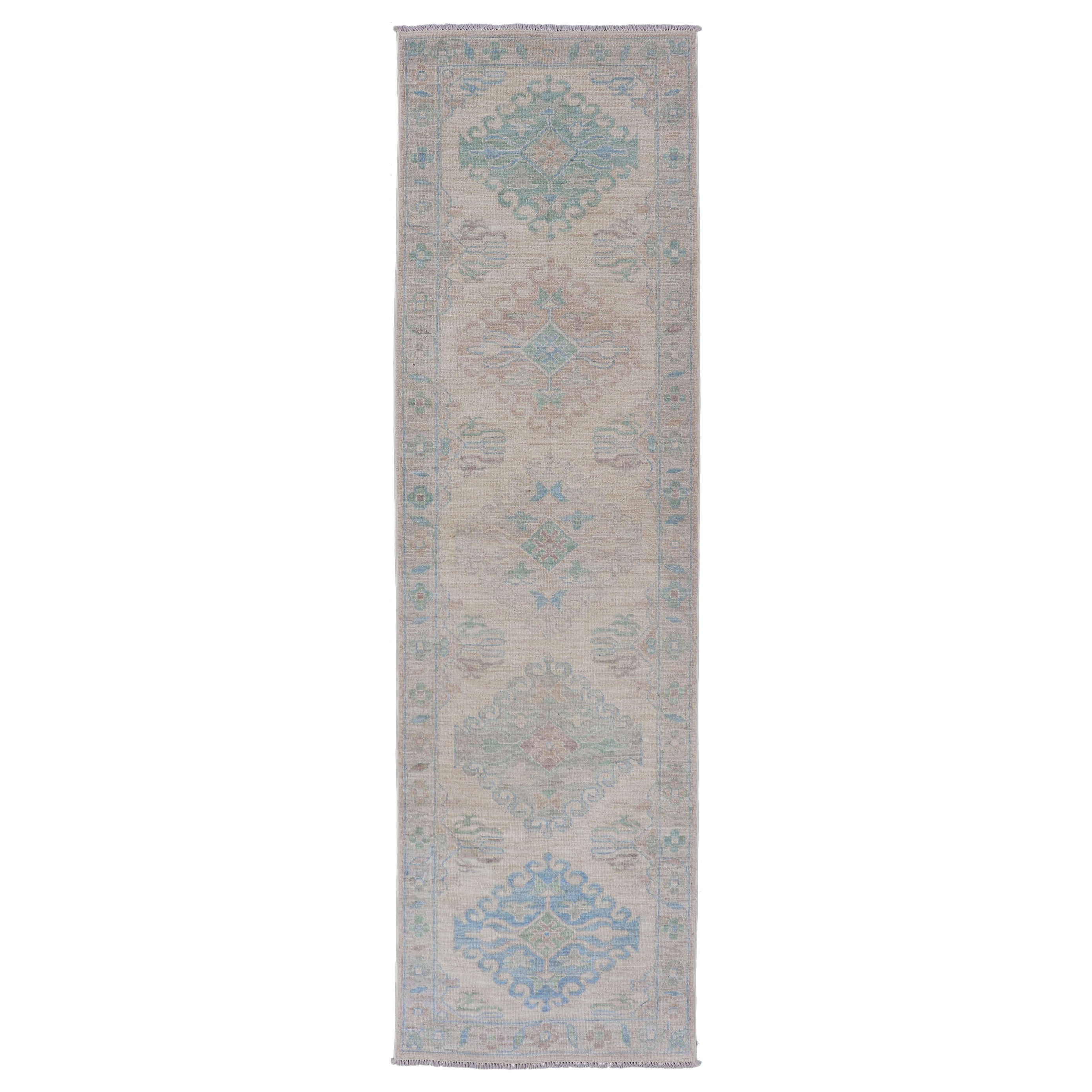 Oushak Runner with Medallion Design on a Cream Field with Blues and Green