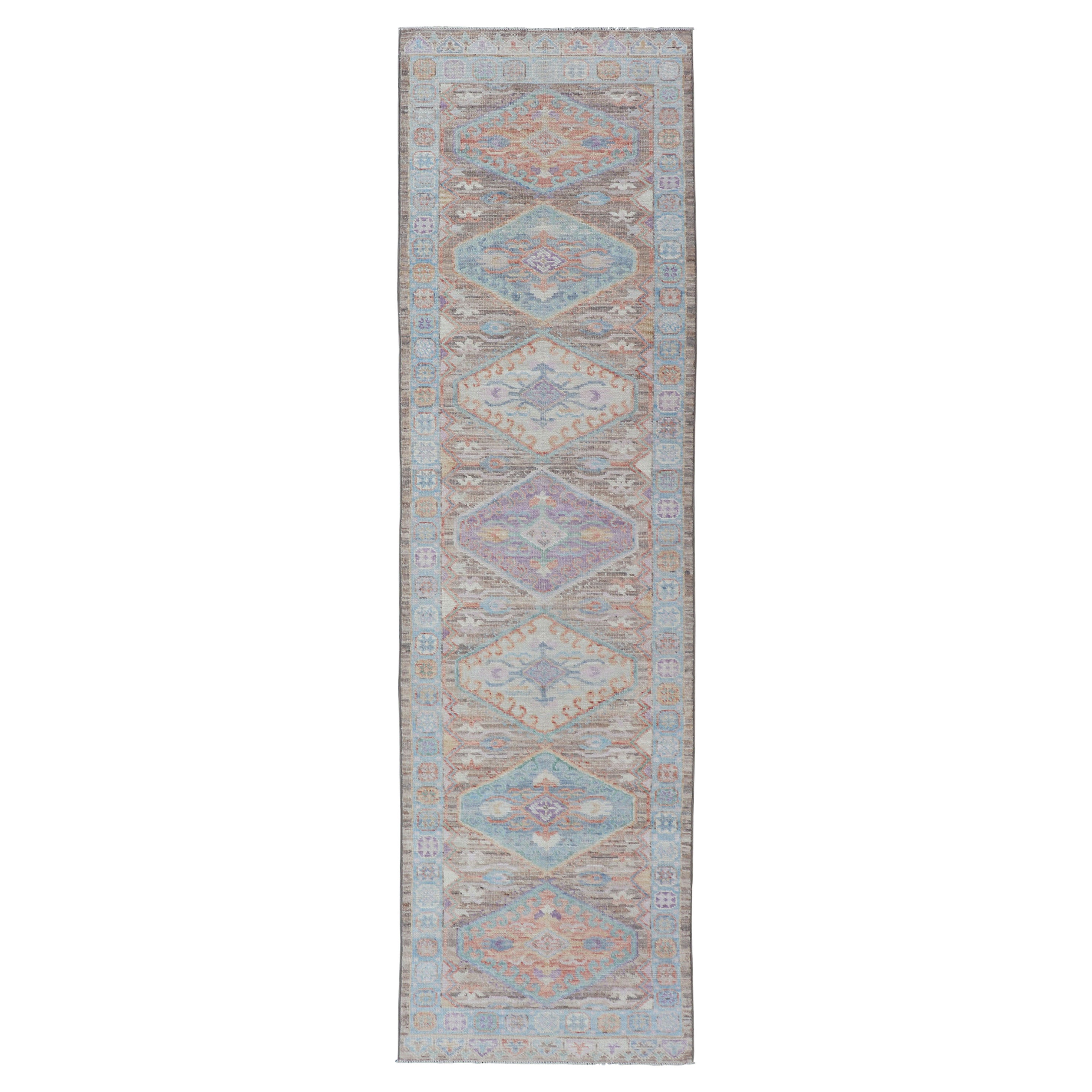 Hand Knotted Modern Oushak Geometric Medallion Designed Runner