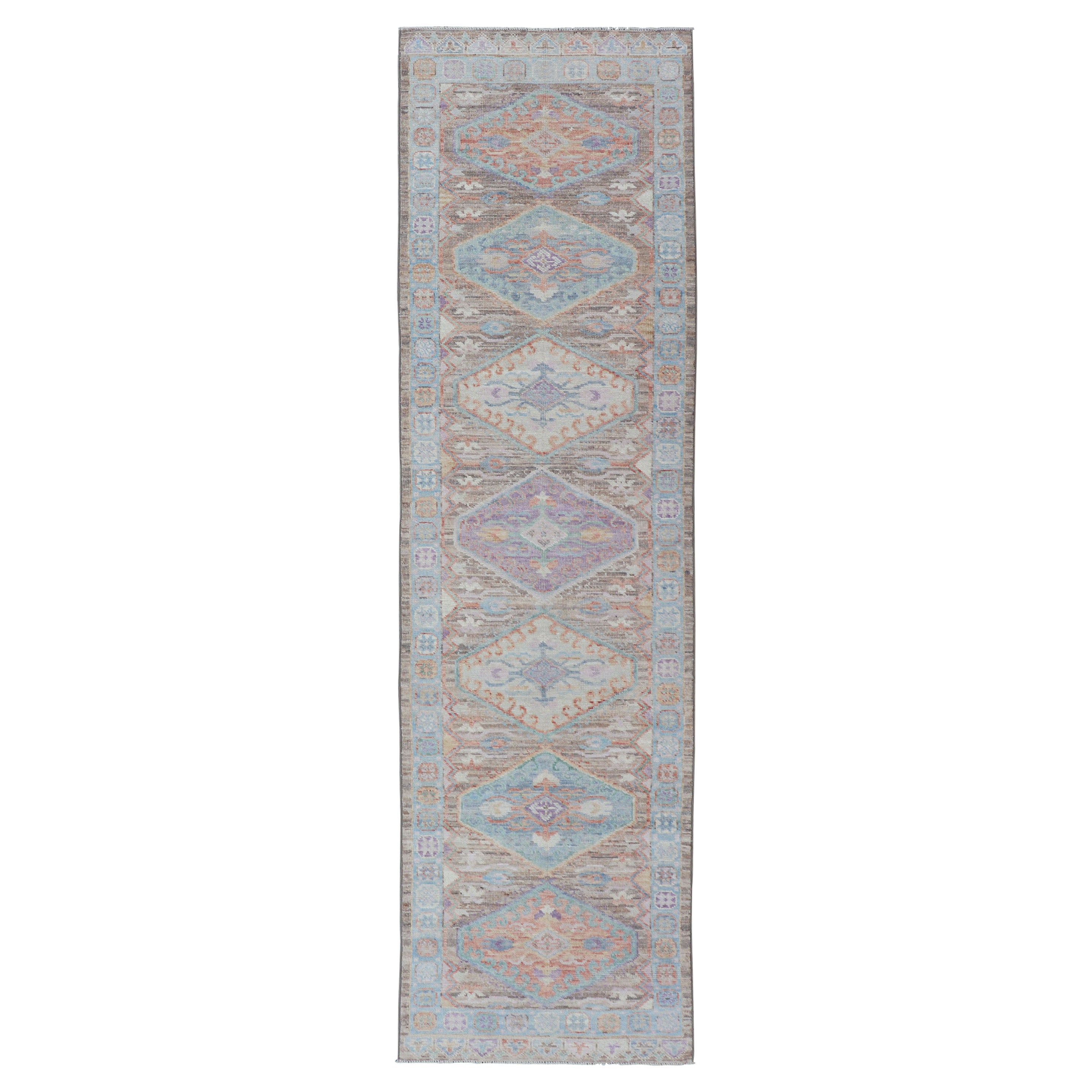 Hand Knotted Modern Oushak Geometric Medallion Designed Runner 