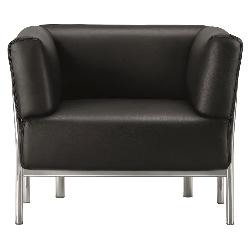 Fauteuil Alias 860 à onze places avec assise en cuir noir et cadre en aluminium poli