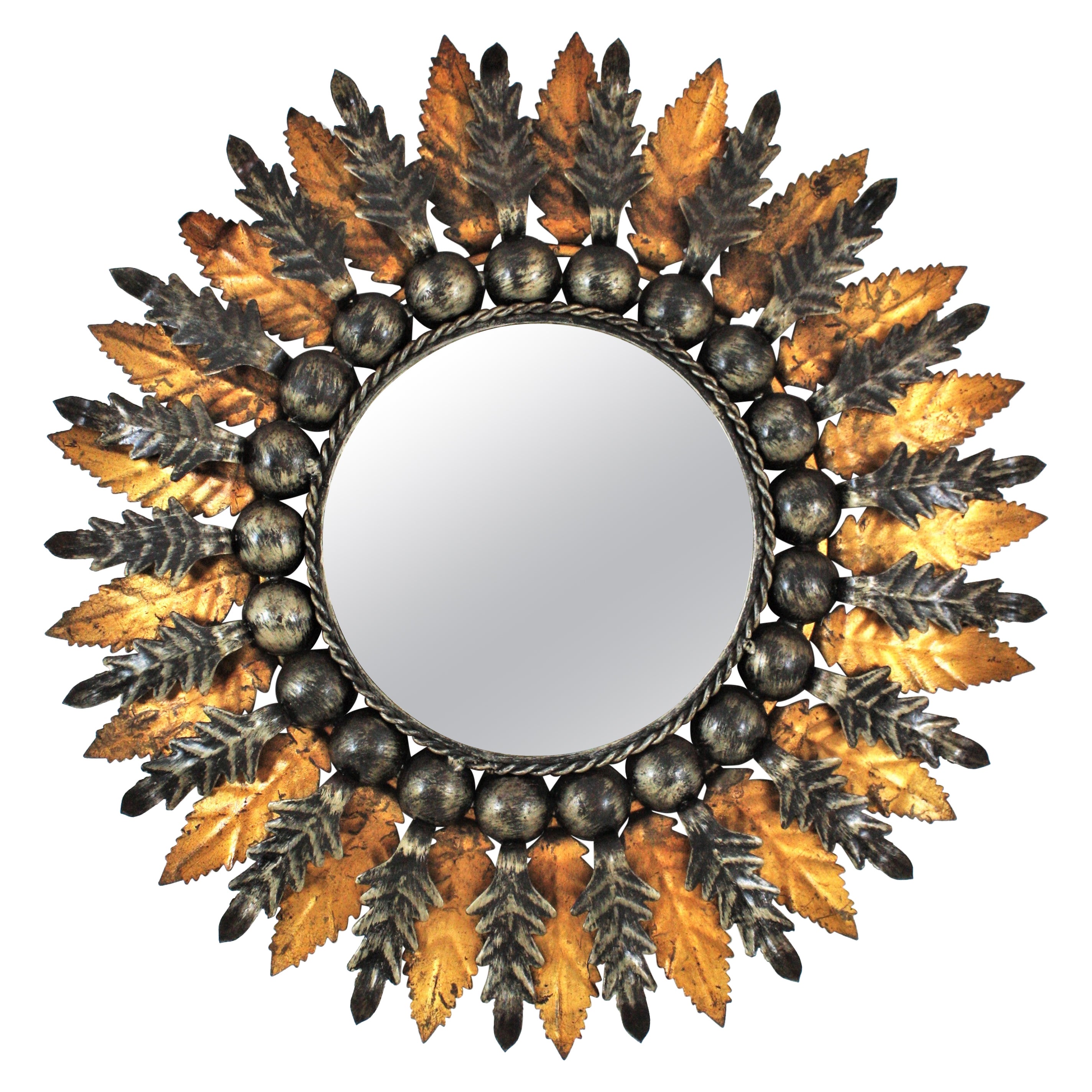 Spanish Baroque Foliage Sunburst Mirror in Gilt and Silvered Iron, 1960s For Sale