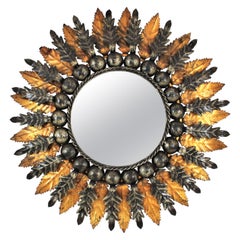 Sunburst Foliage Wall Mirror in Gilt and Silvered Iron, Spanish Baroque